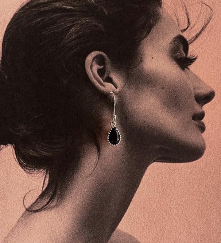 Elegant Black Onyx Pear Hook Earrings in Silver
