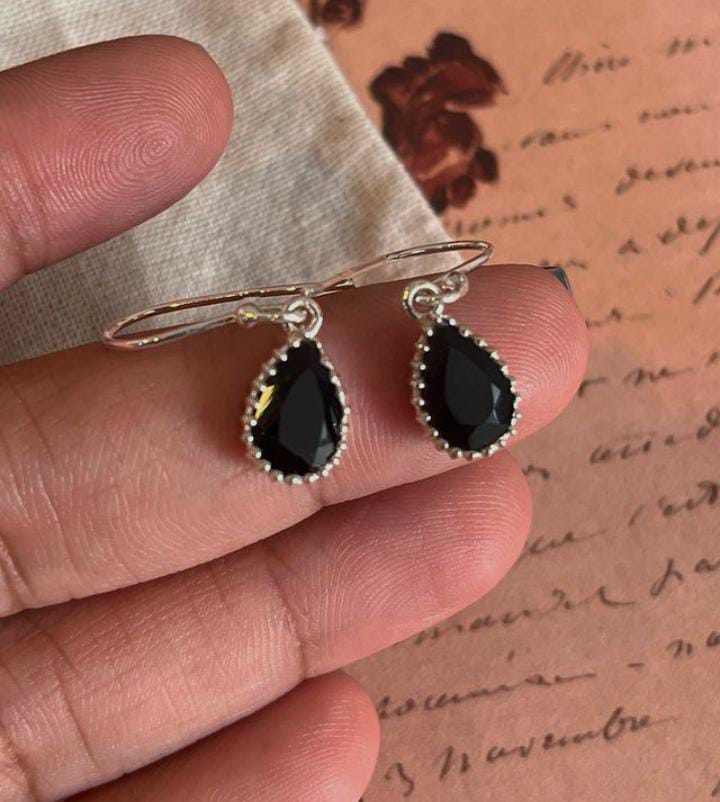 Chic Silver Hook Earrings with Black Onyx Pear Gemstones