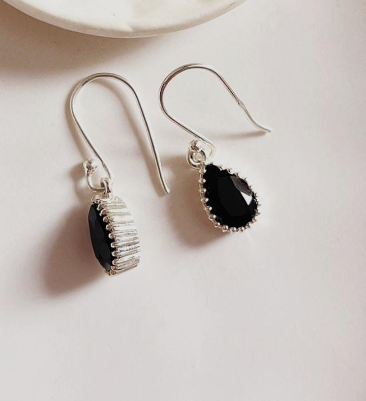 Stylish Black Onyx Pear Hook Earrings Set in Silver