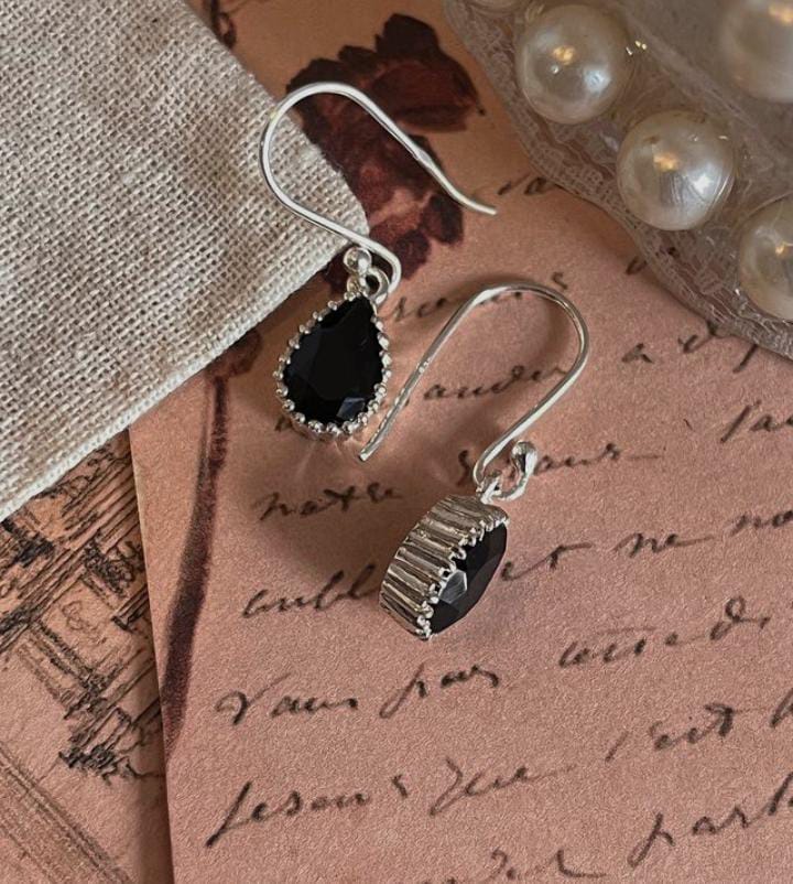 Black Onyx Pear Hook Silver Earrings