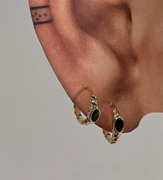 Gold vermeil huggies with black onyx stones in sterling silver 925