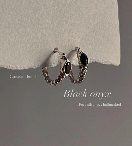 Black Onyx Silver Huggie Earrings