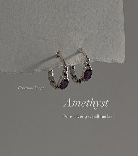 Silver amethyst croissant huggie earrings