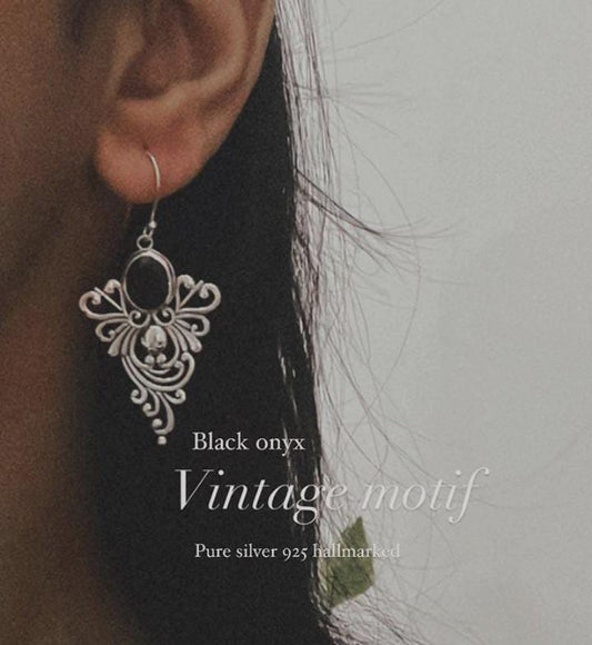 Black Onyx Vintage Motif Statement Earrings