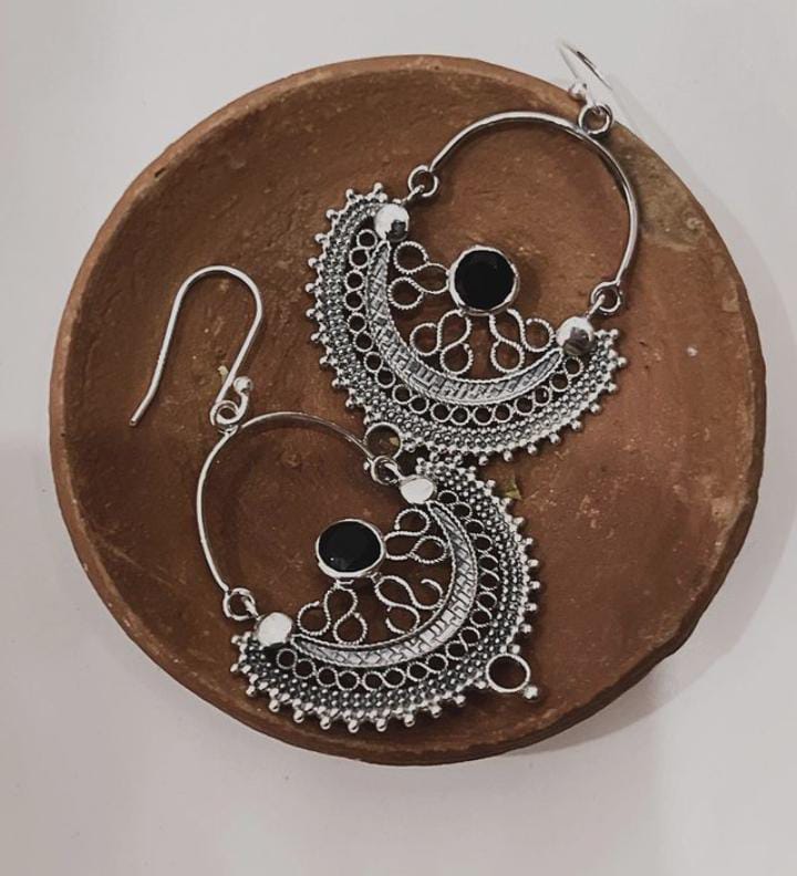 Traditional Chandbali silver earrings featuring black onyx stones