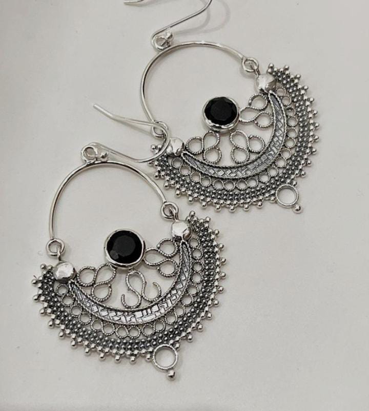 Stylish Chandbali earrings with black onyx stones and silver design