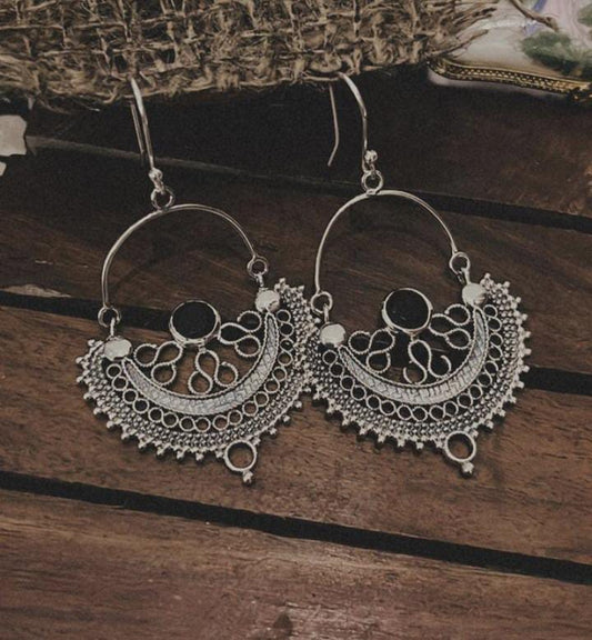 Chandbali black onyx silver earrings with intricate design
