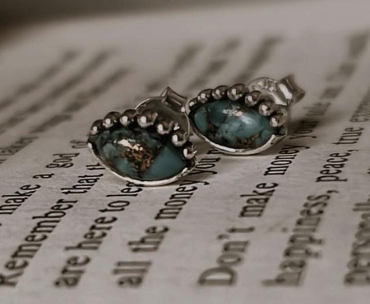 Handcrafted evil eye silver studs with copper and turquoise for protection