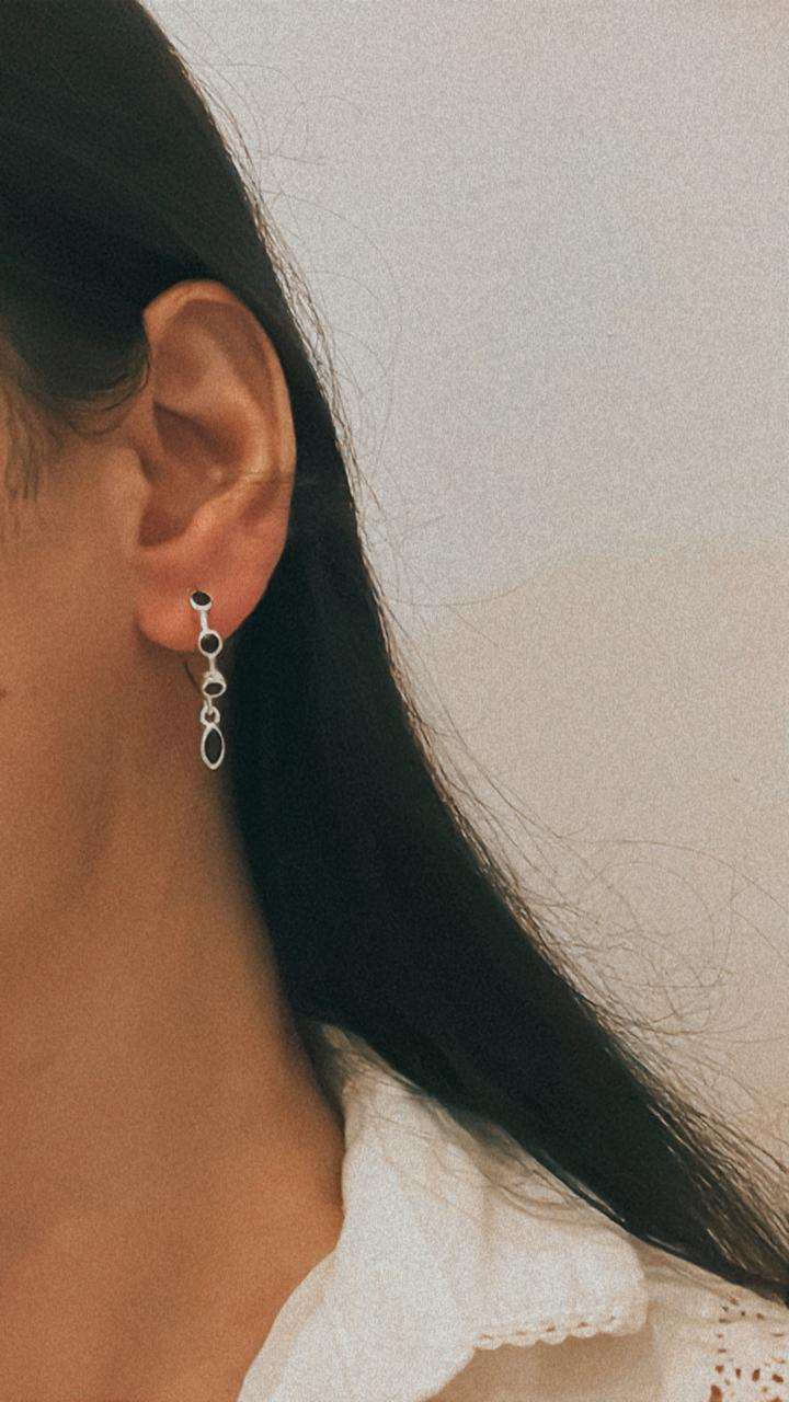 925 Sterling Silver Half Hoop Earrings with Round and Marquis Black Onyx Stones