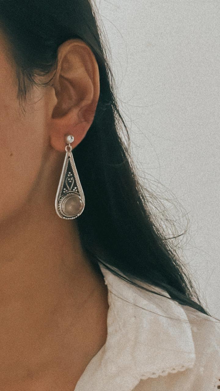 Rose Quartz Banjaran Statement Earrings in Silver