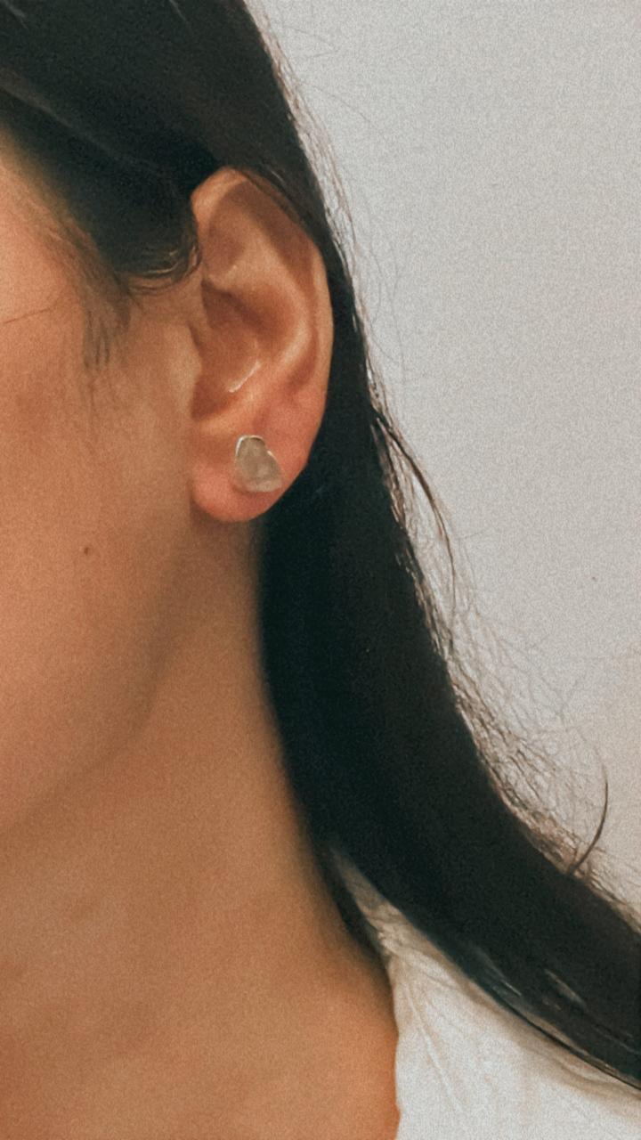 Handcrafted rose quartz raw silver studs with unique design