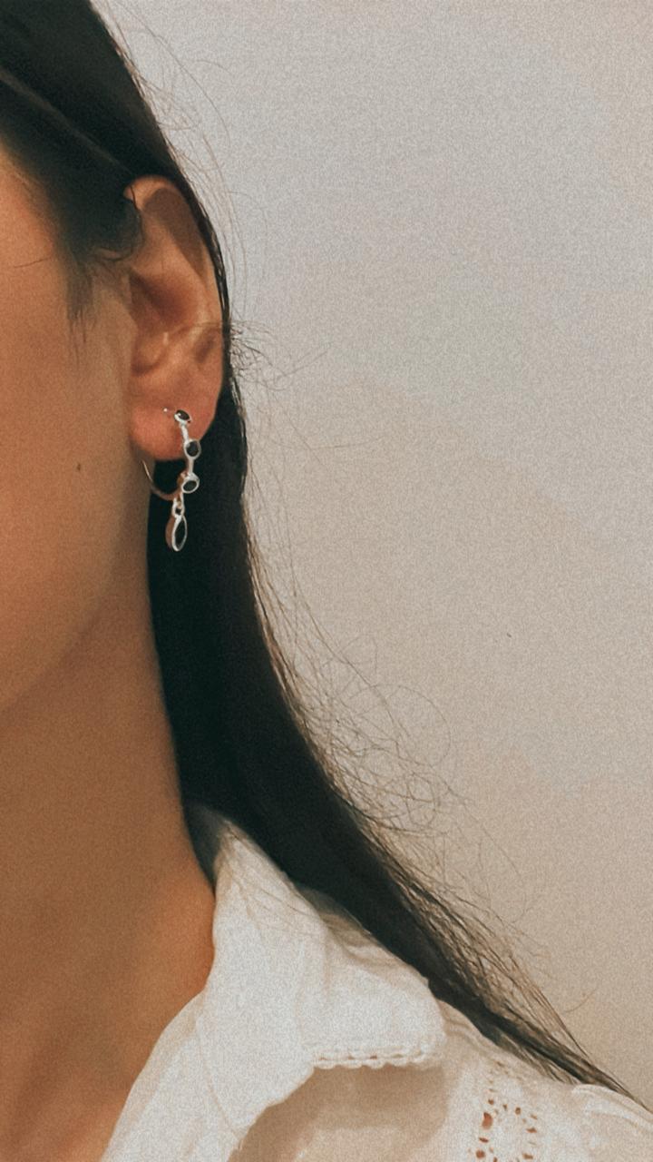 Chic Black Onyx Round and Marquis 925 Sterling Silver Hoop Earrings