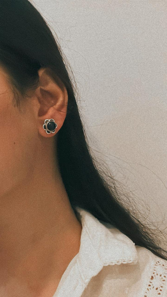 Handcrafted black onyx flower silver studs with beautiful floral detailing.