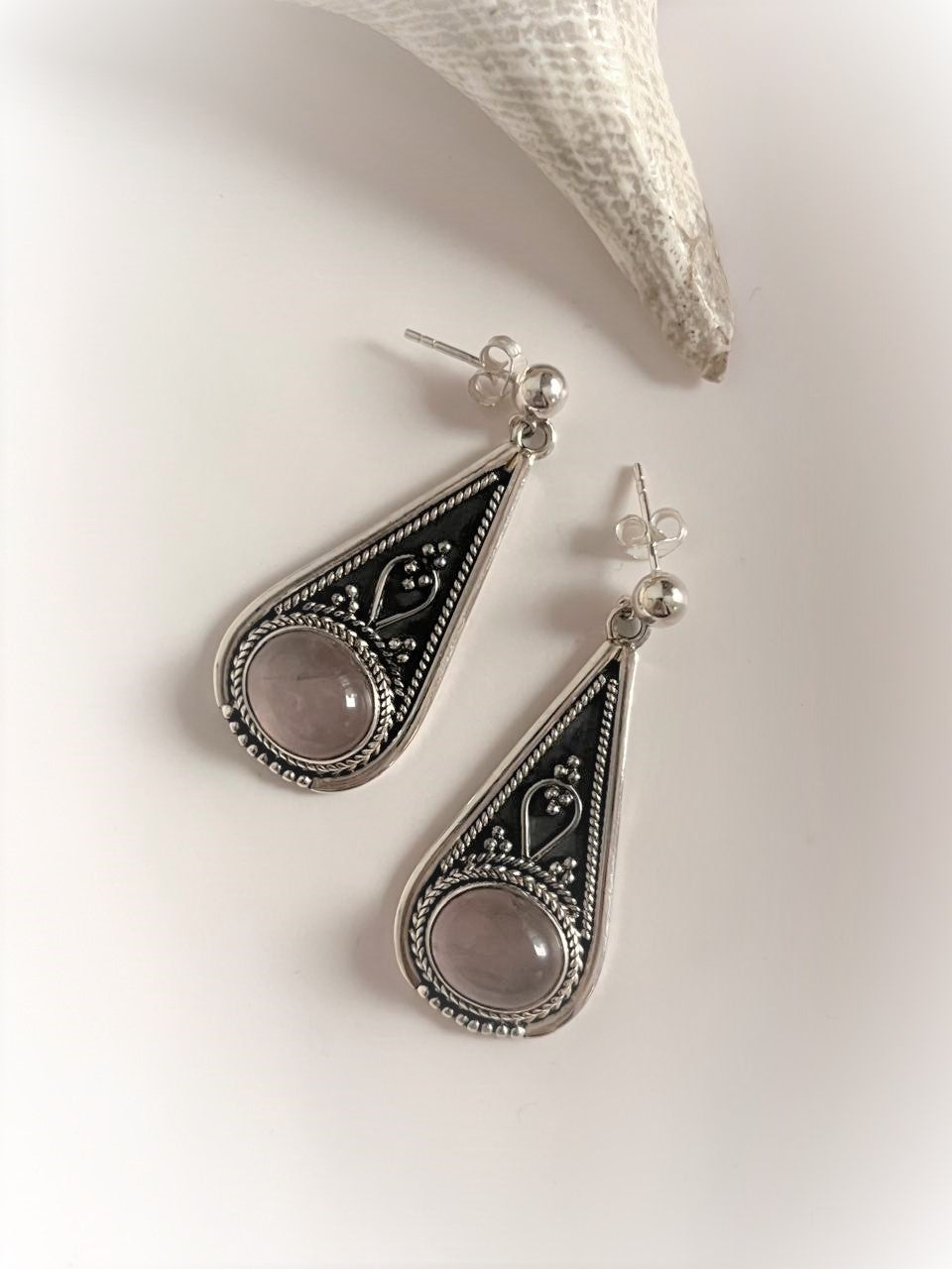 Bold Rose Quartz Banjaran Silver Earrings