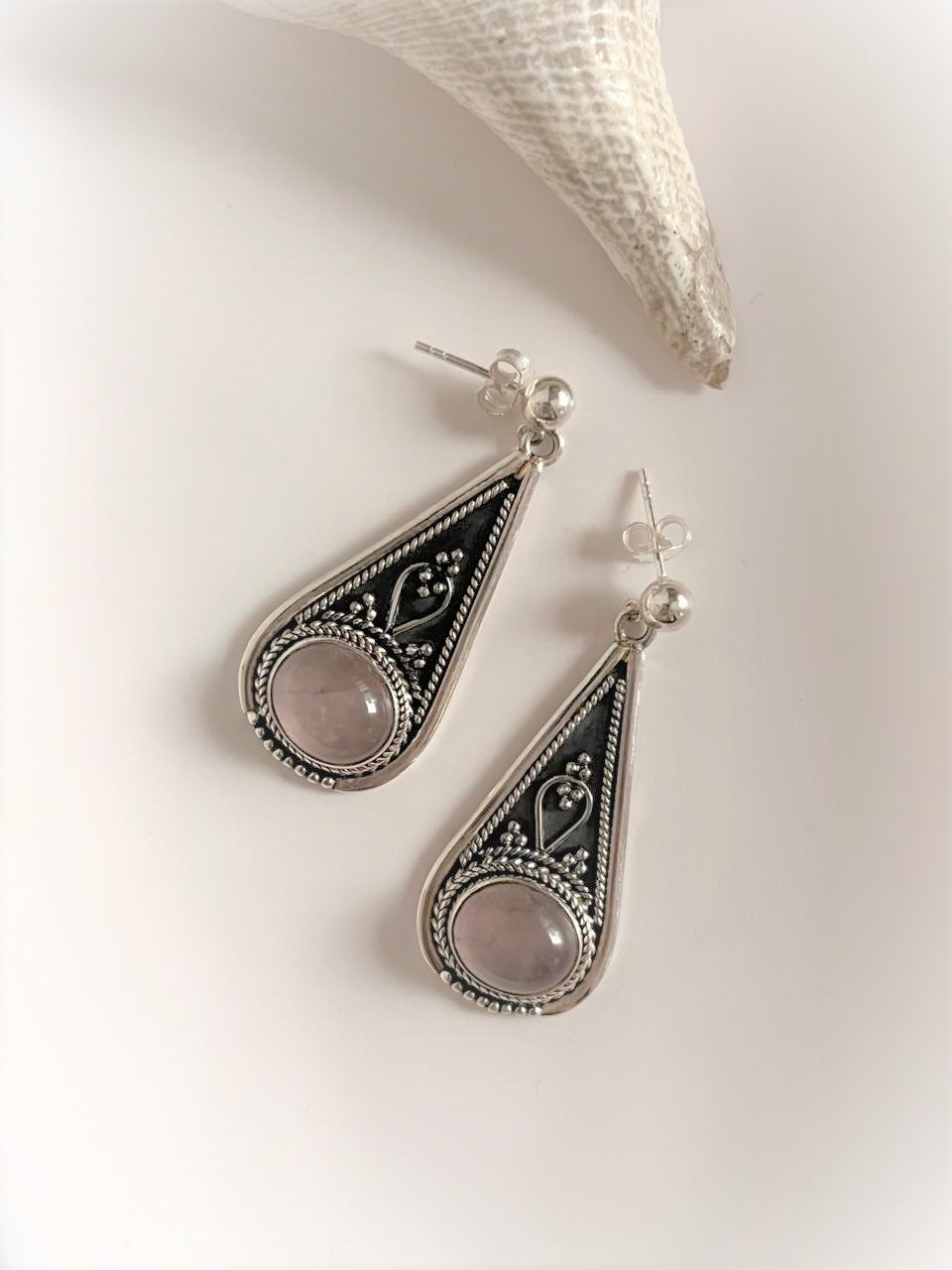 Elegant Rose Quartz Silver Earrings in Banjaran Design