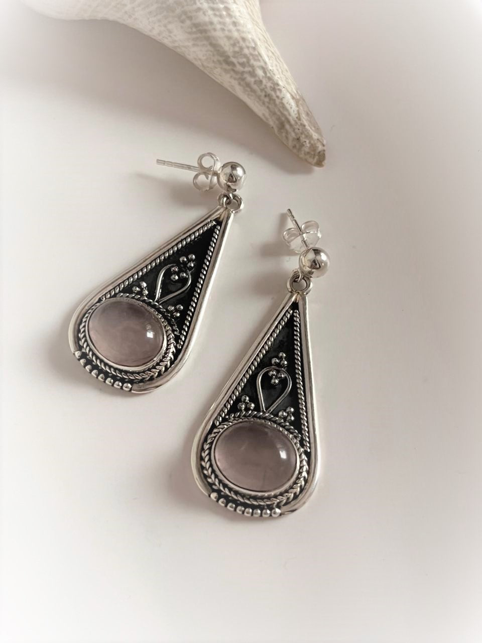 Chic Banjaran Style Rose Quartz Silver Earrings