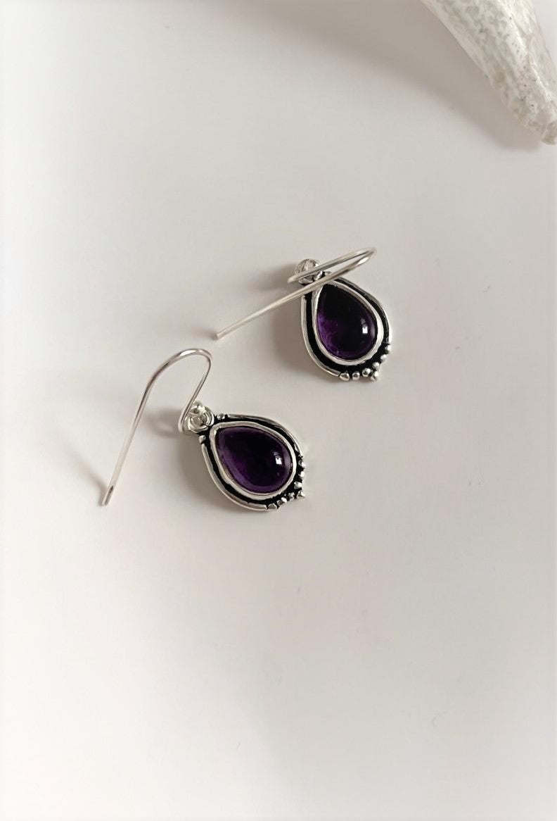 Elegant Amethyst Pear Hook Earrings with Bohemian Design