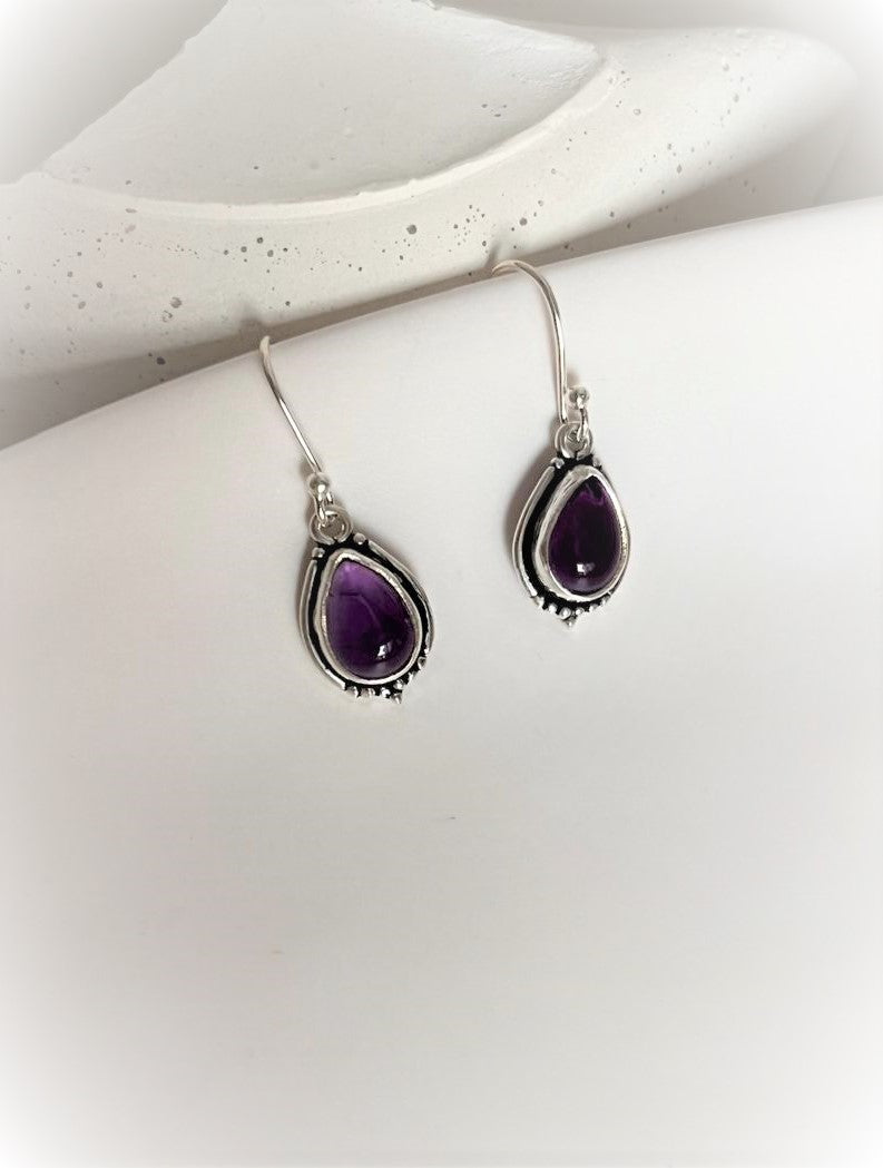 Boho Style Hook Earrings with Pear-Cut Amethyst Stones