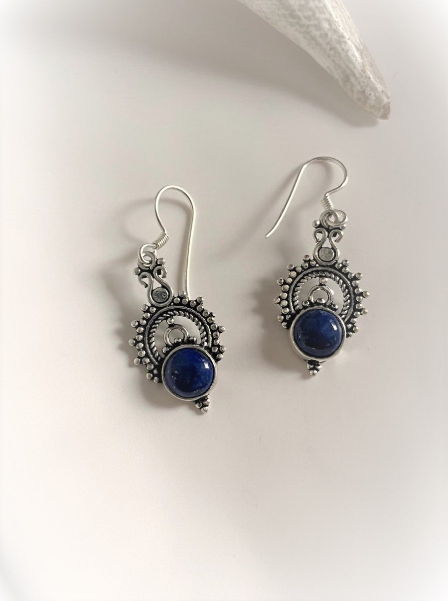 Lapis Boho Crown Silver Earrings with Elegant Design