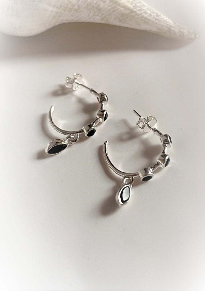 Black Onyx Round and Marquis Half 925 Sterling Silver Hoop Earrings