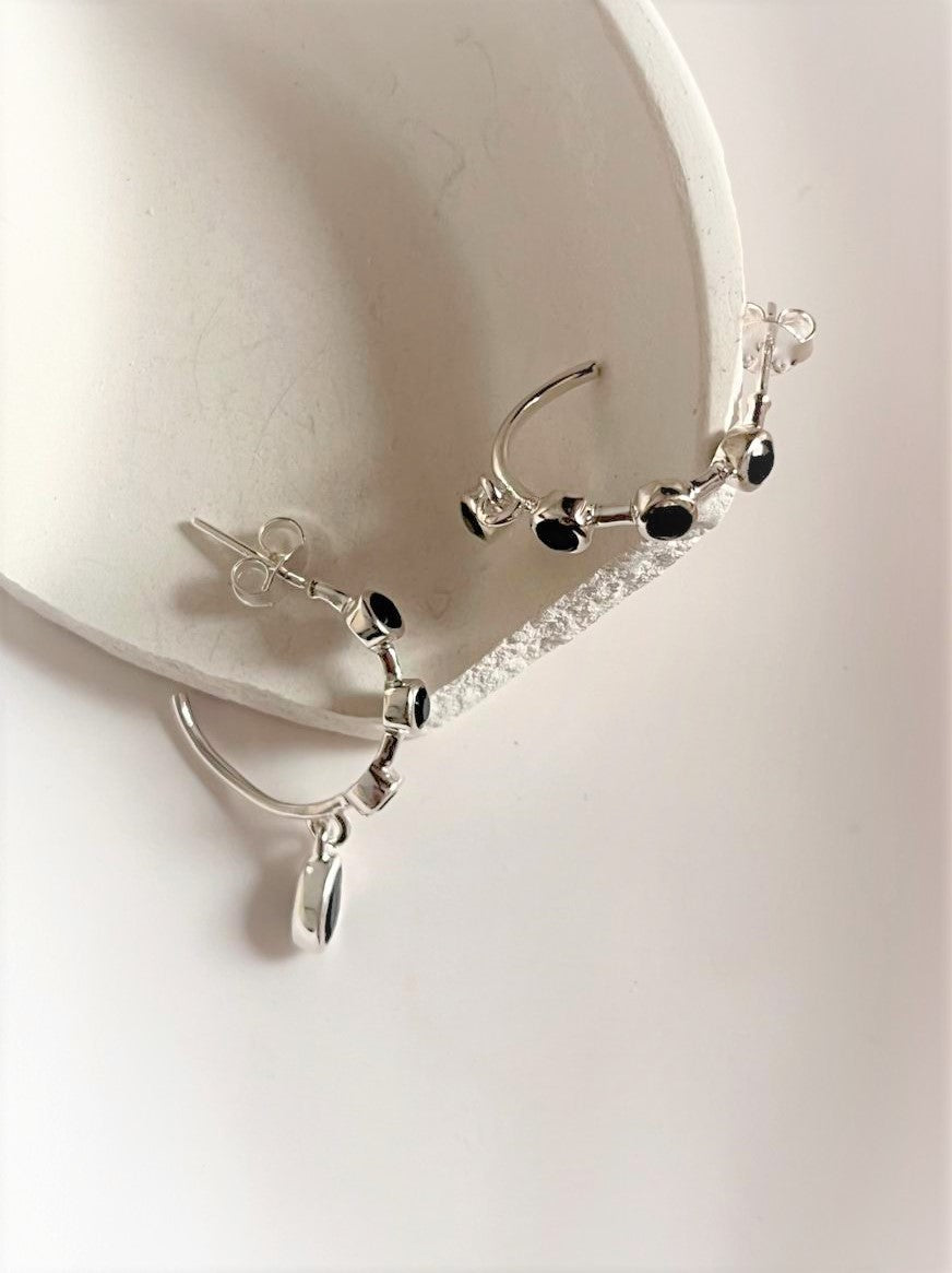 Elegant 925 Sterling Silver Hoop Earrings with Round and Marquis Black Onyx