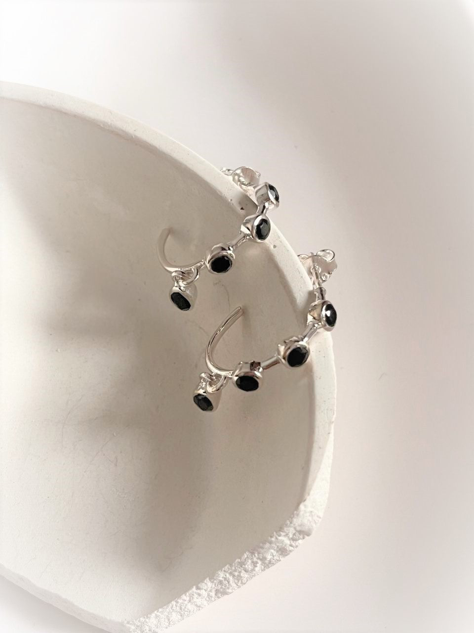 Stylish Black Onyx Round and Marquis Half Hoop 925 Sterling Silver Earrings