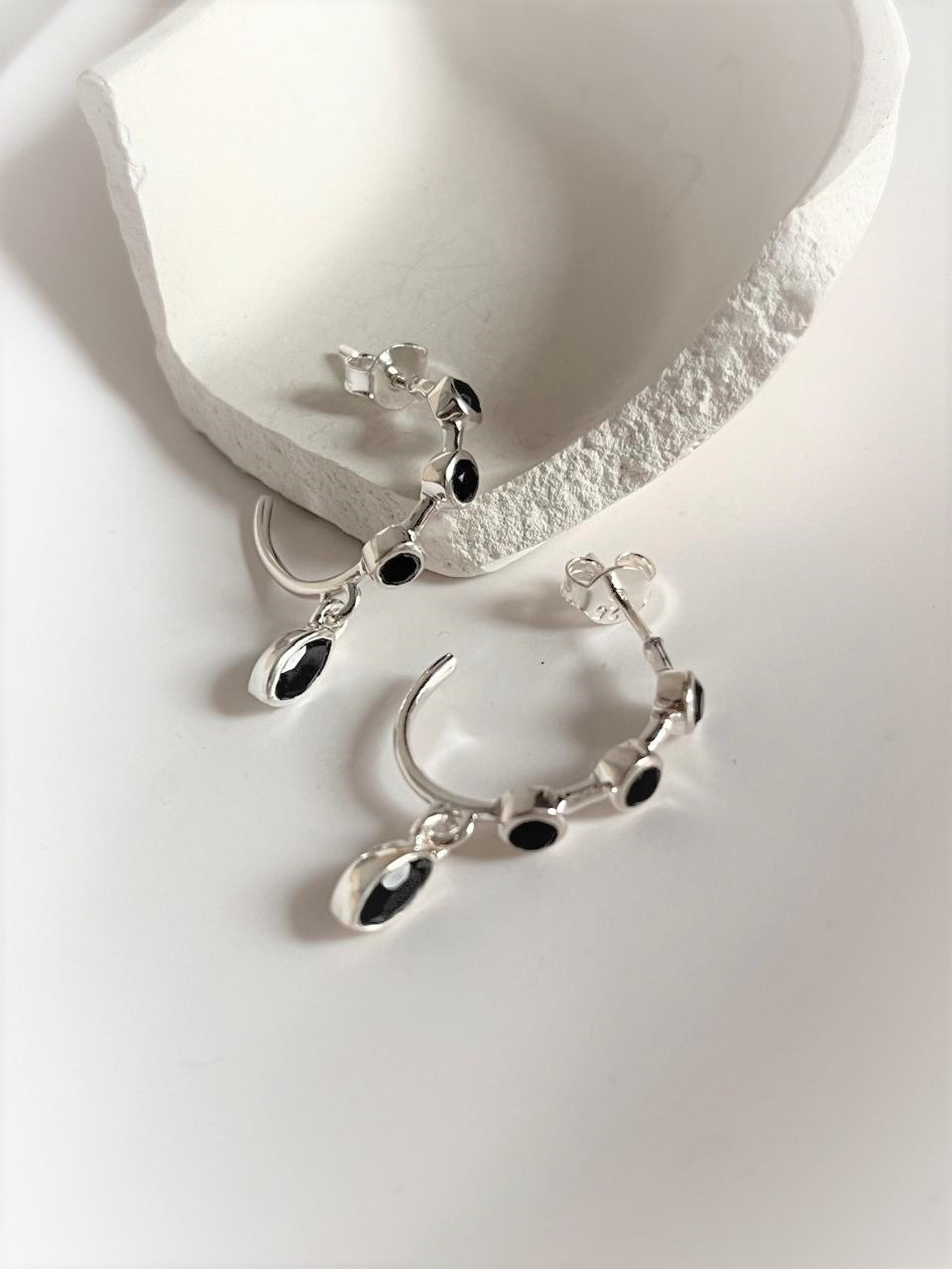 Unique Half 925 Sterling Silver Hoops with Round and Marquis Black Onyx