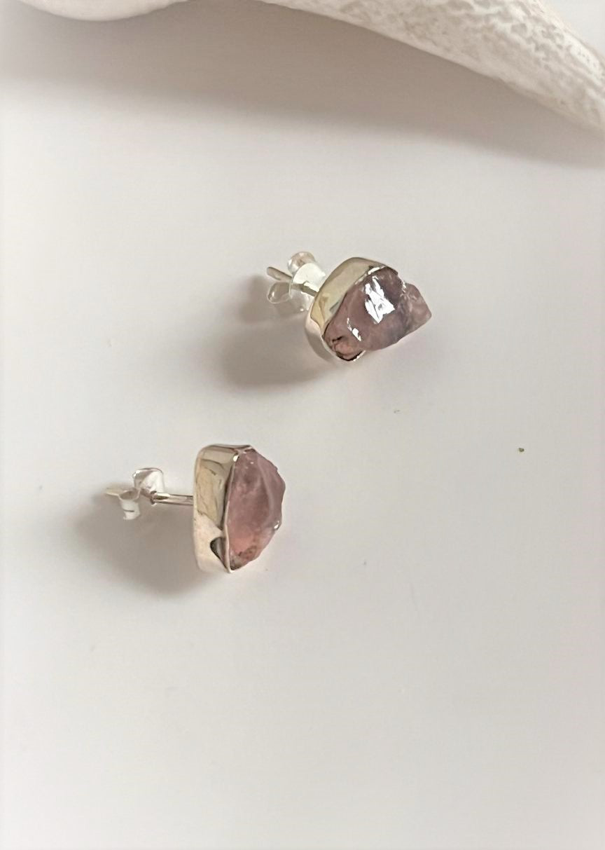 Raw uncut rose quartz silver studs for a natural look