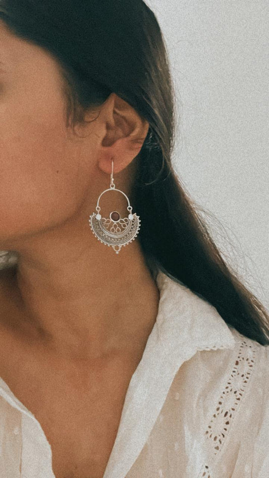 Chandbali silver earrings with vibrant garnet stones