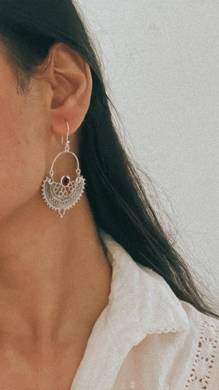 Traditional Chandbali silver earrings with beautiful garnet accents