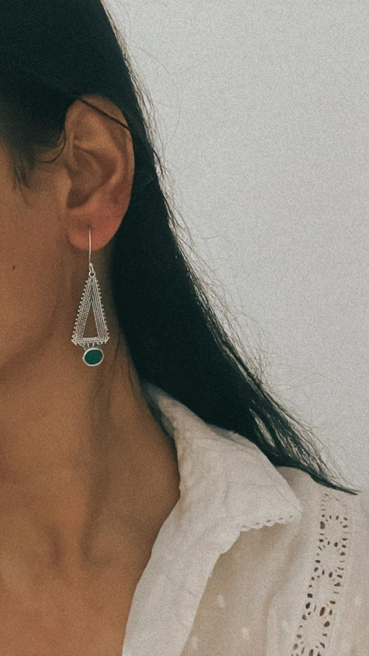 Green onyx triangle tribal earrings in sterling silver