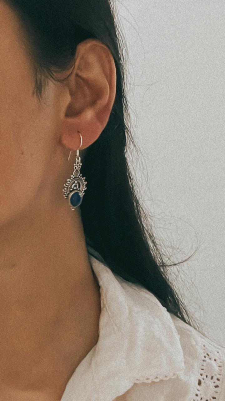 Lapis Gemstone Crown Silver Earrings with Boho Charm