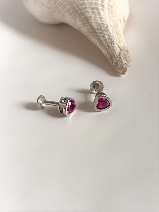 Pink Heart South Screw Silver Earrings