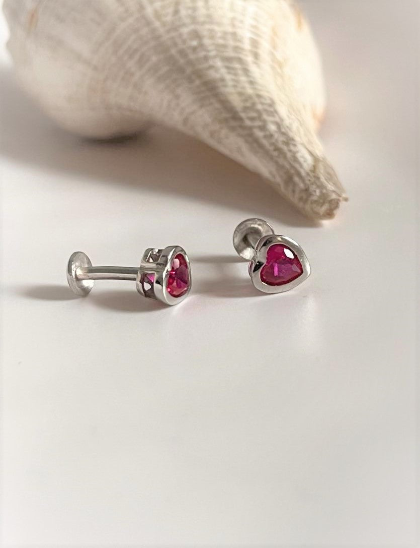 Sterling Silver Pink Heart South Screw Earrings