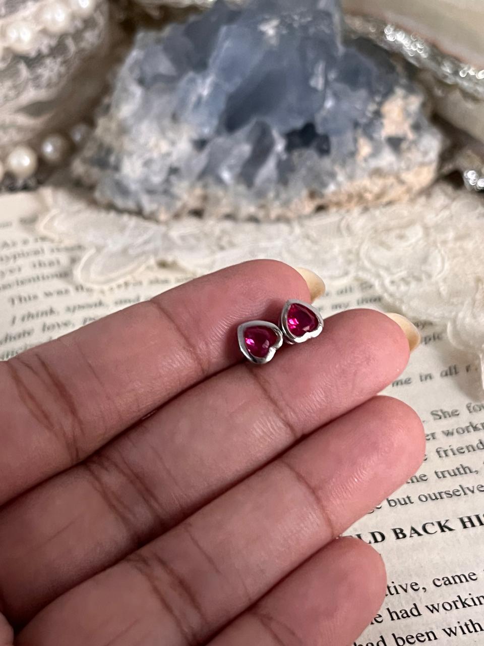 Elegant Pink Heart Silver Earrings with South Screw Design