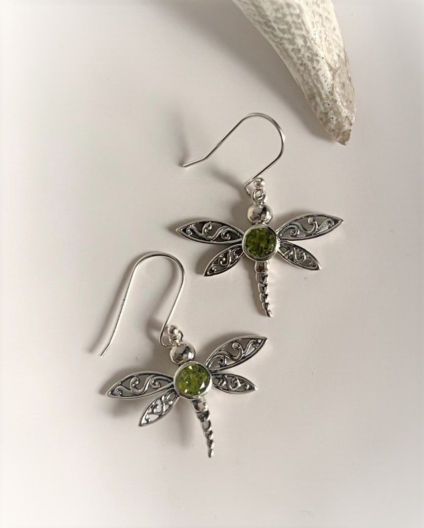 Charming Peridot Dragonfly Earrings with Silver Details