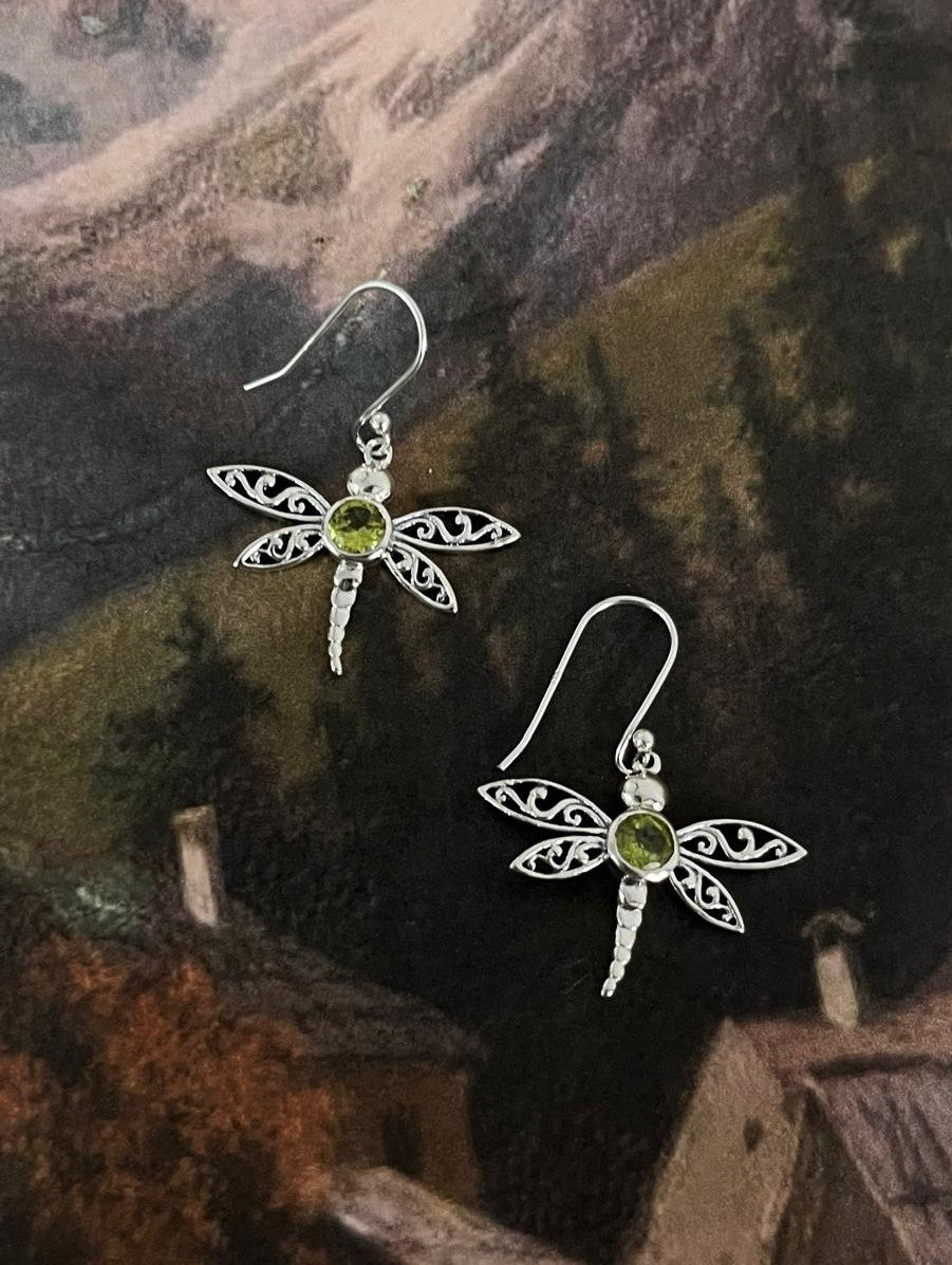 Sterling Silver Peridot Dragonfly Earrings