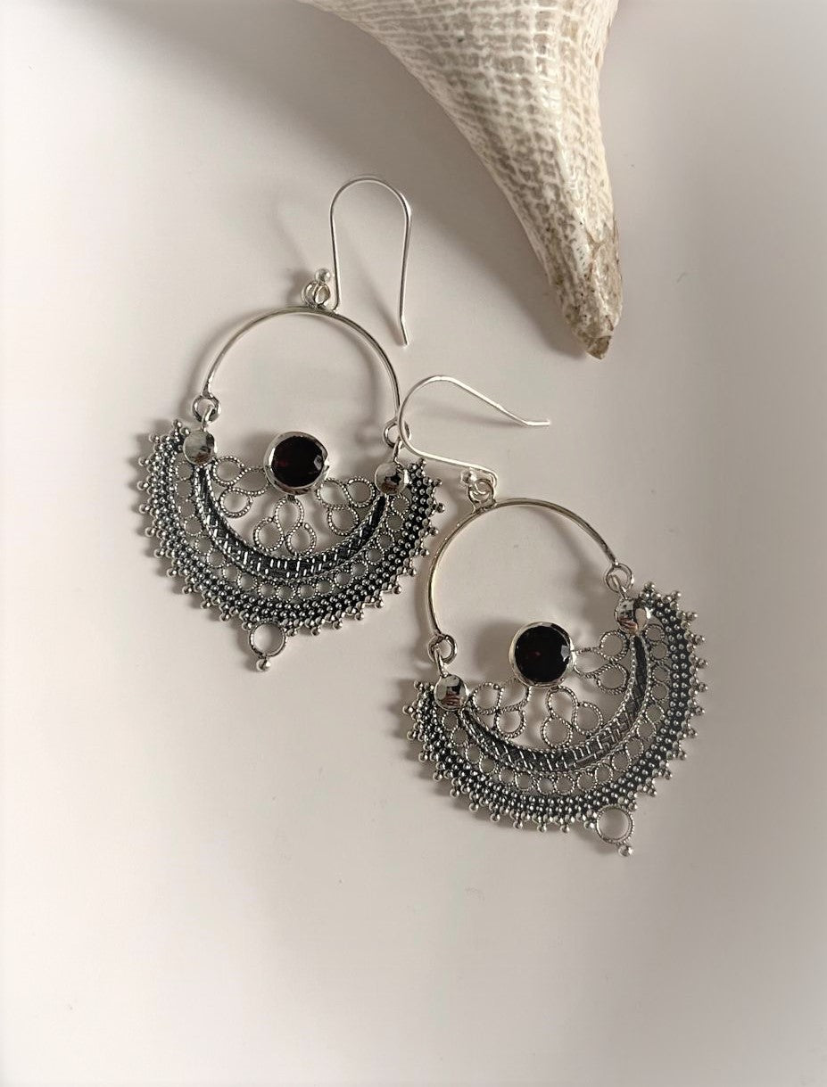 Stylish Chandbali earrings in silver with deep red garnet gemstones