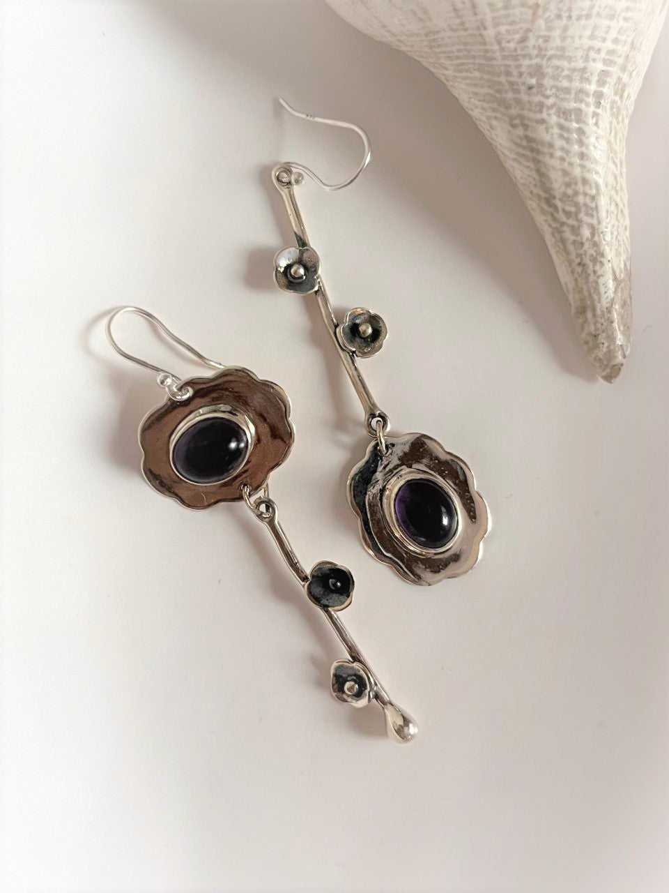 Amethyst Silver Earrings with Forest-Inspired Detailing