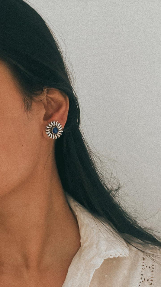 Lapis Gemstone Sun 925 sterling silver Stud Earrings with Intricate Detailing