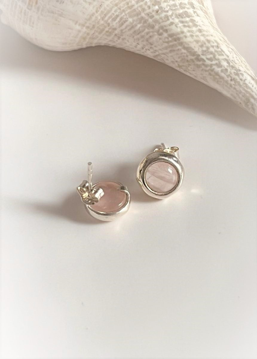 Sterling Silver Round Earrings with Rose Quartz Cabochon