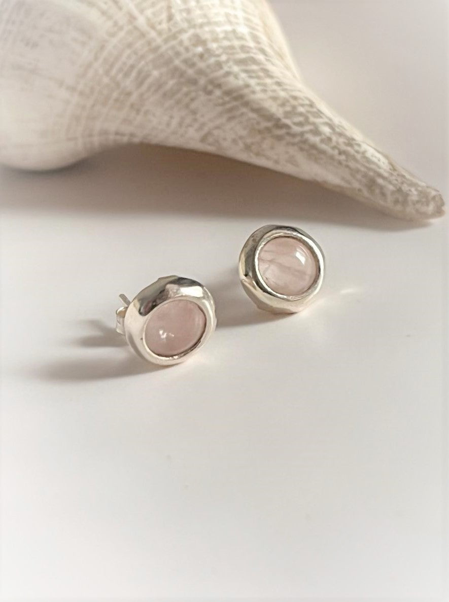 Charming Rose Quartz Cab Stone Round Earrings