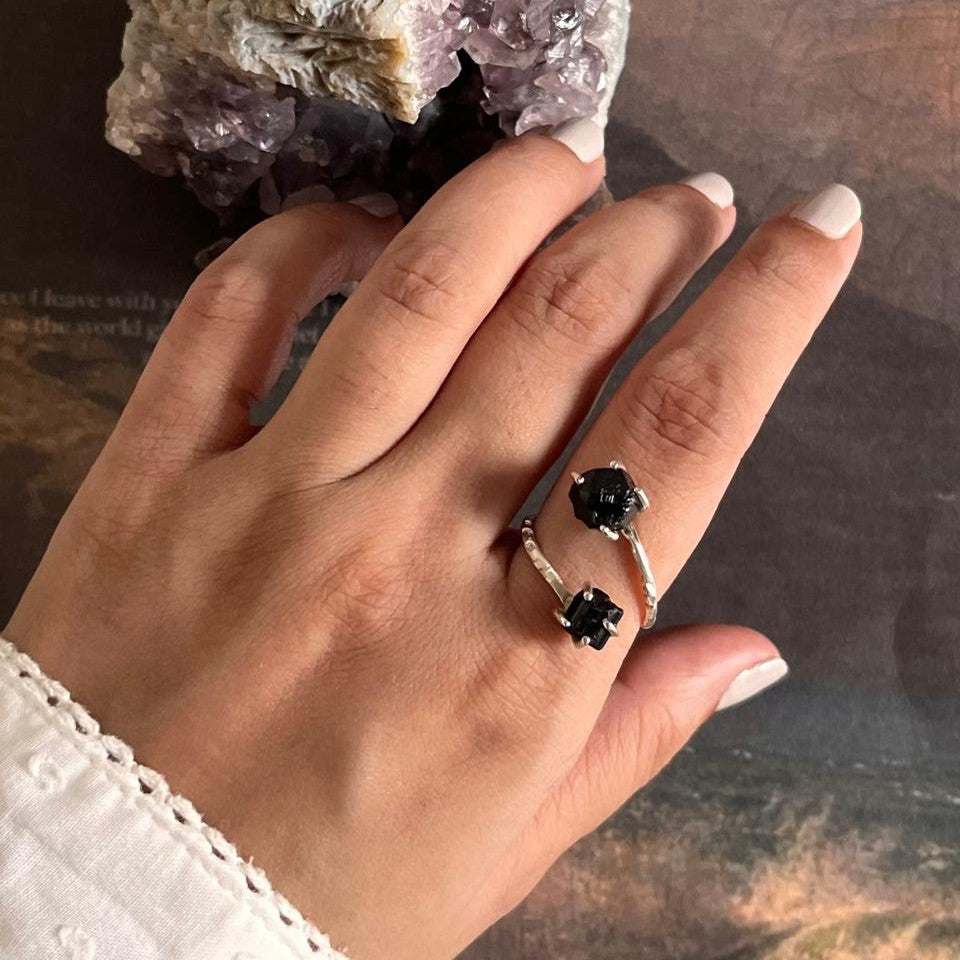 Adjustable Silver Ring with Double Raw Black Tourmaline