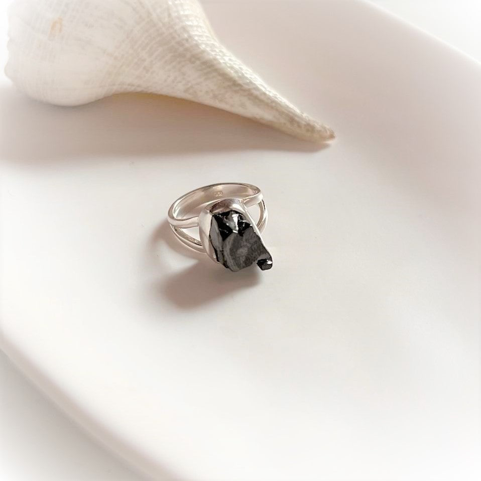 Unique Black Tourmaline Raw Uncut Silver Band