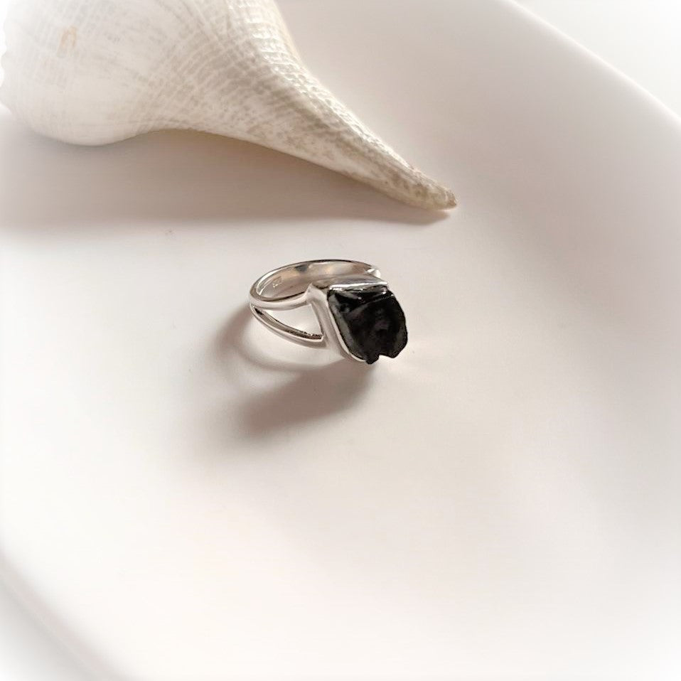 Sleek Black Tourmaline Raw Silver Ring