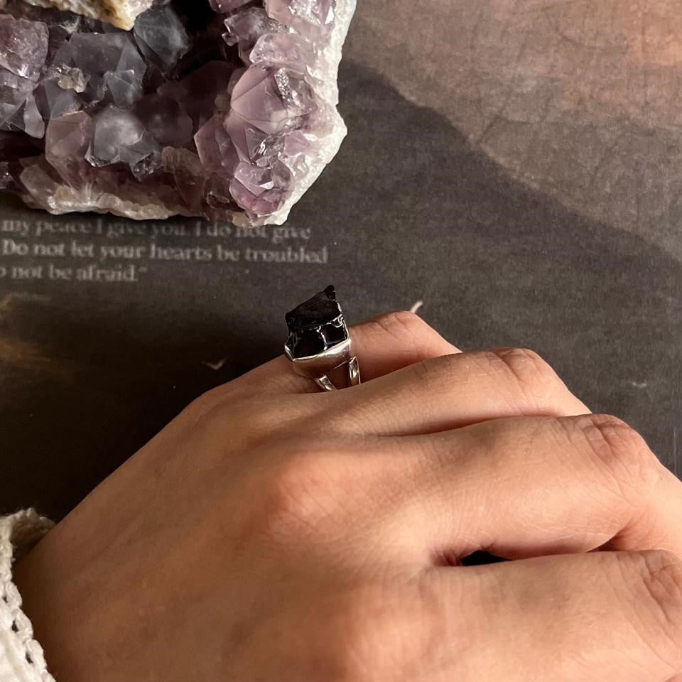 Handcrafted Raw Black Tourmaline Silver Ring