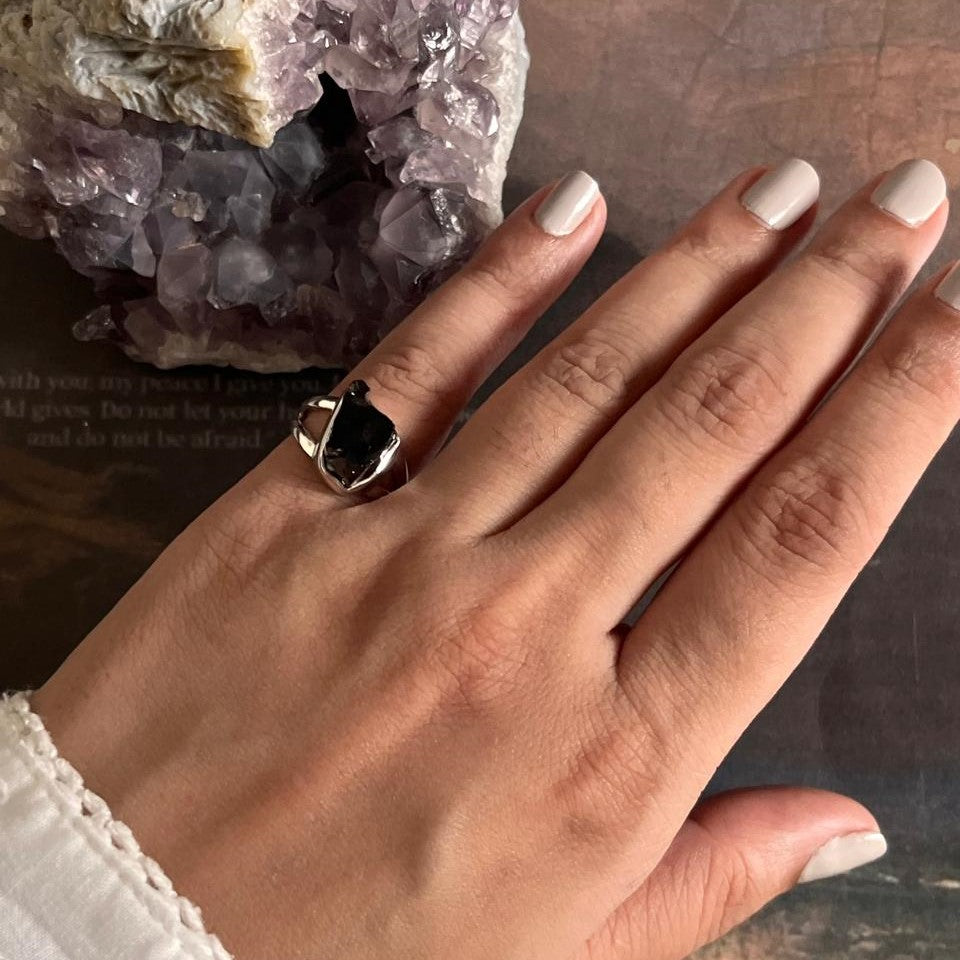 Natural Black Tourmaline Raw Uncut Silver Ring