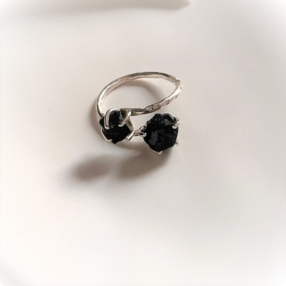 Elegant Double Raw Black Tourmaline Uncut Silver Ring