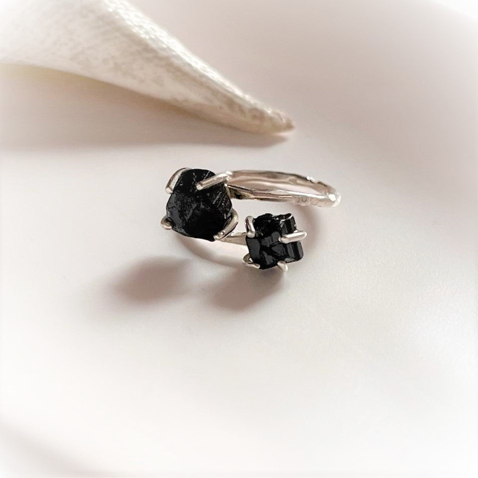Sophisticated Adjustable Silver Ring with Double Raw Black Tourmaline