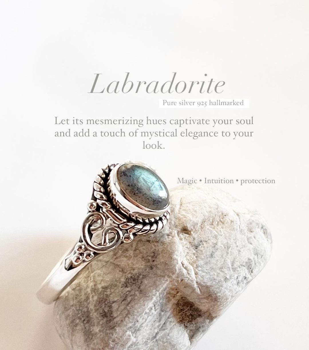Labradorite Oval Boho Silver Ring with Elegant Design